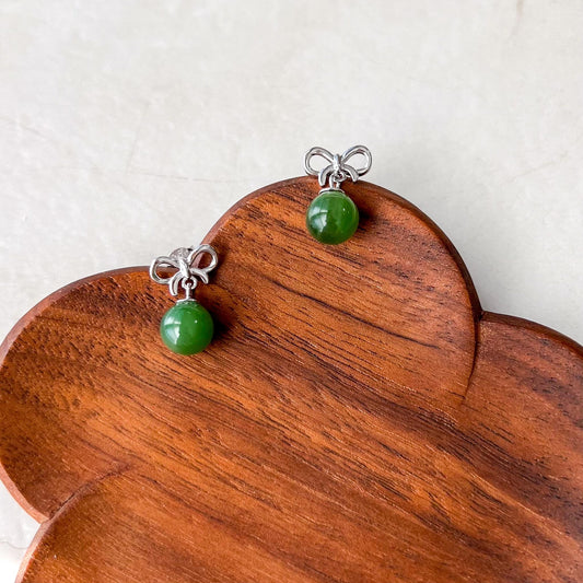 Ribbon Green Jade Earring Studs, Green Nephrite Jade Sterling Silver Earrings, JSY-0424-12017