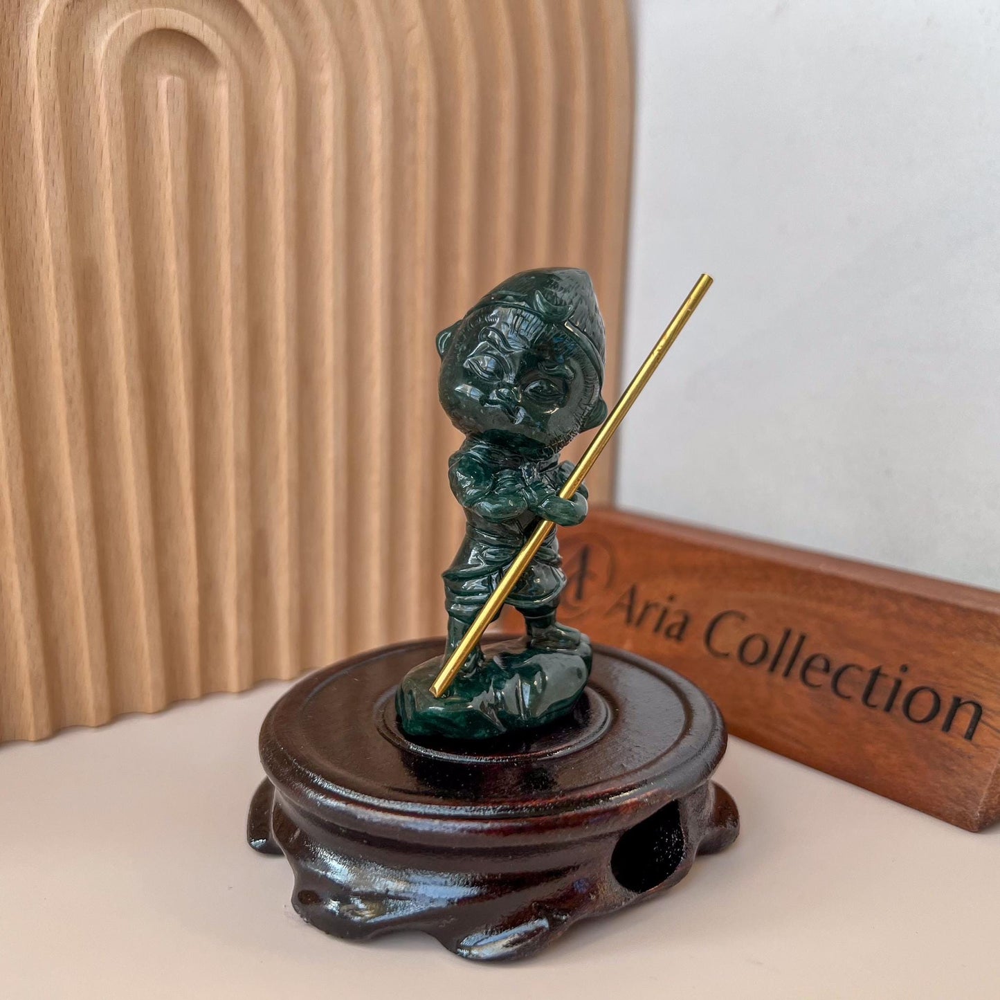 Baby Monkey King Jade Figurine, Sun Wu Kong Jade Figurine with Staff, Small Jade Figurine, 孙悟空, WMC-0724-1735837118