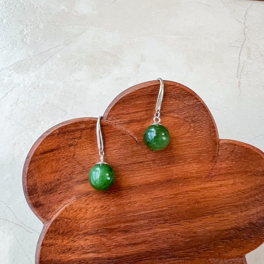 Classic Jade Orbs Earring, Style 1, Green Nephrite Jade Sterling Silver Earrings, JSY-0424-12020