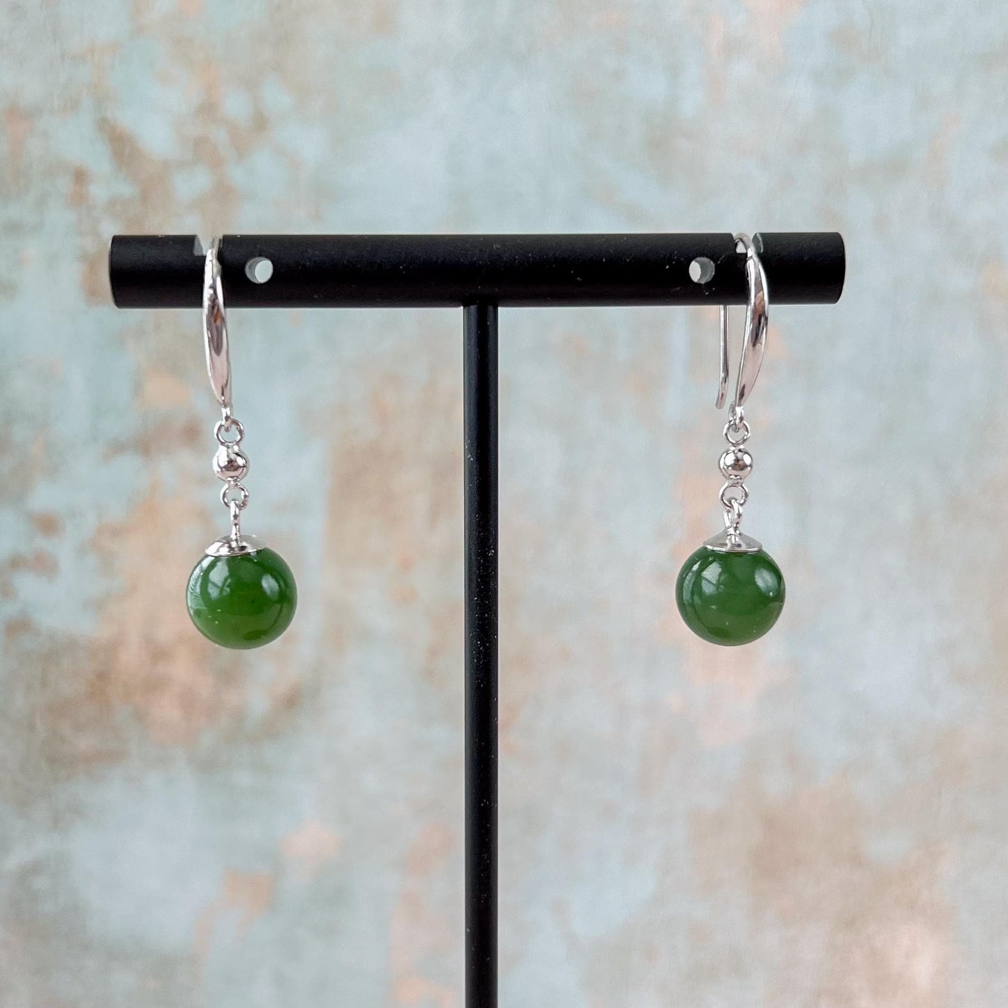 Classic Jade Orbs Earring, Style 2, Green Nephrite Jade Sterling Silver Earrings, JSY-0424-12029