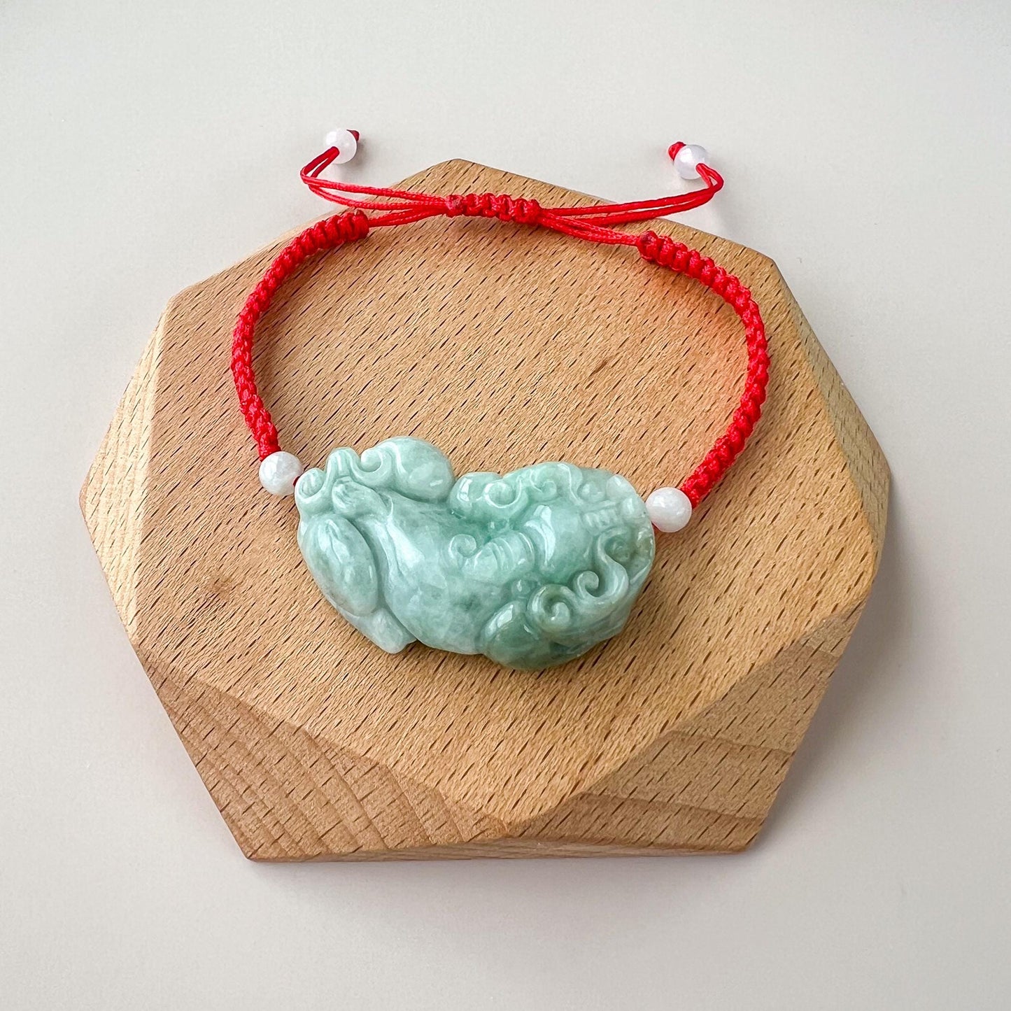 Green Jadeite Jade Pi Xiu Hand Carved Red Bracelet, 貔貅, YW-0110-1736012038