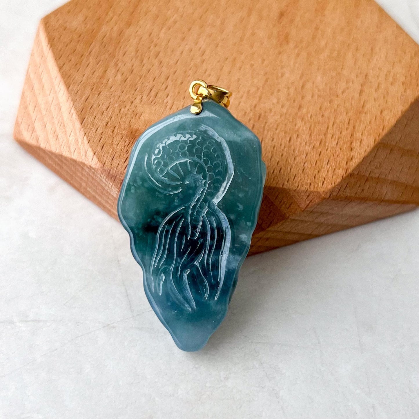 Green Dragon Head Jade Pendant, Jadeite Jade Hand Carved Pendant with 18K Solid Gold Bail, NVN-0424-1736015025