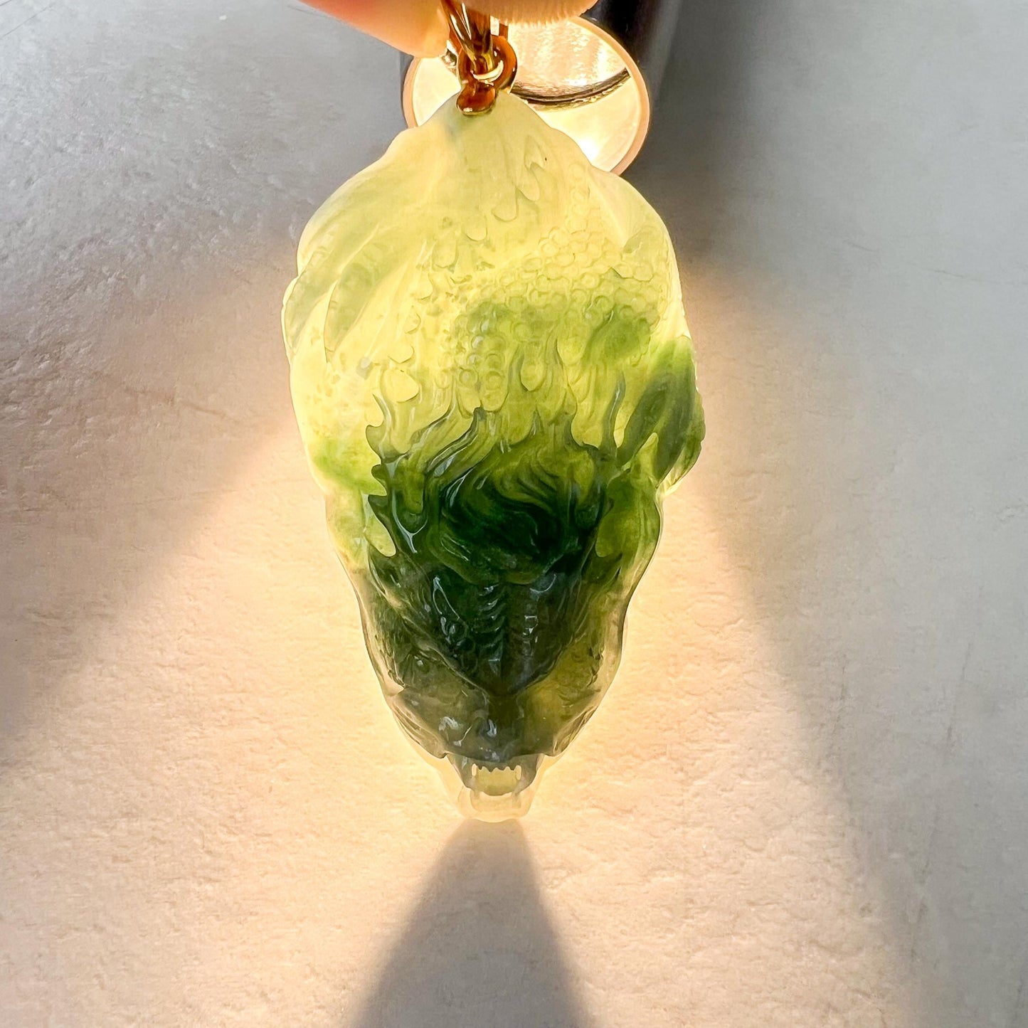 Green Dragon Head Jade Pendant, Jadeite Jade Hand Carved Pendant with 18K Solid Gold Bail, NVN-0424-1736015025