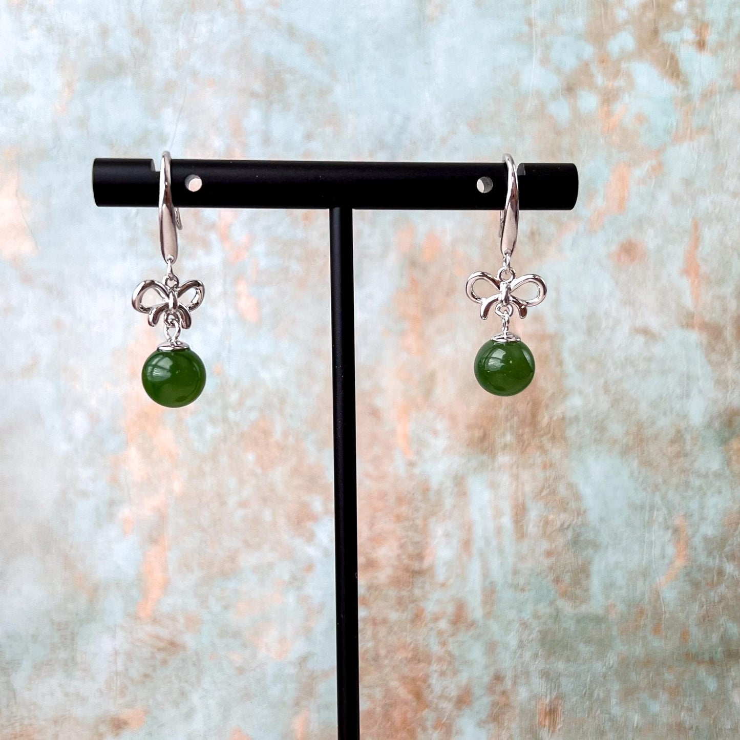 Ribbon Green Jade Earring, Green Nephrite Jade Sterling Silver Earrings, JSY-0424-12025