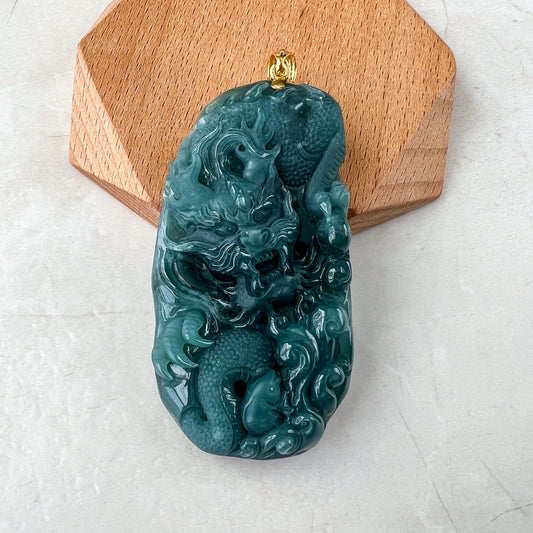 Stormborn Dragon Jade Pendant, Jadeite Jade Dragon Hand Carved Pendant with 18K Gold, SC-0224-1736634770