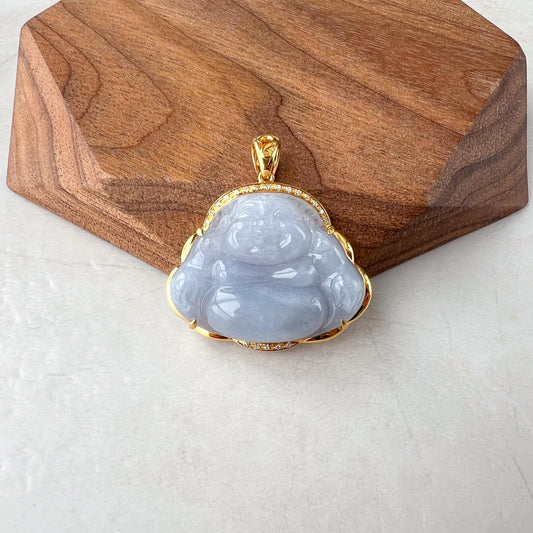 Lavender Happy Buddha Jade Pendant with 18k Solid Gold Frame, Translucent Light Purple Jadeite Jade Pendant, BH-1123-1736720327