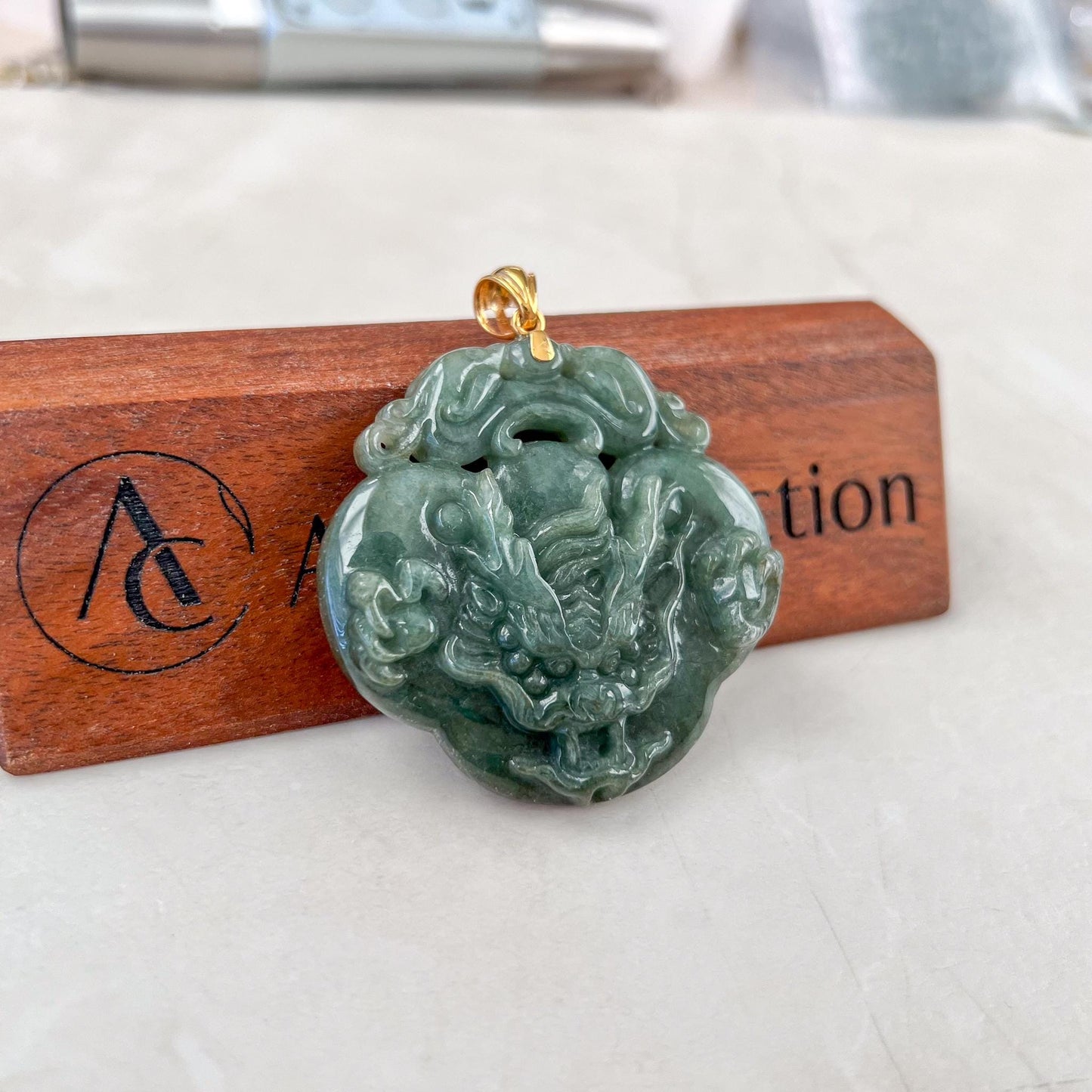 Prosperity Ruyi Dragon Pendant Jade Pendant, Jadeite Jade 如意 Hand Carved Pendant with 18K Gold, YO-0424-1736723308