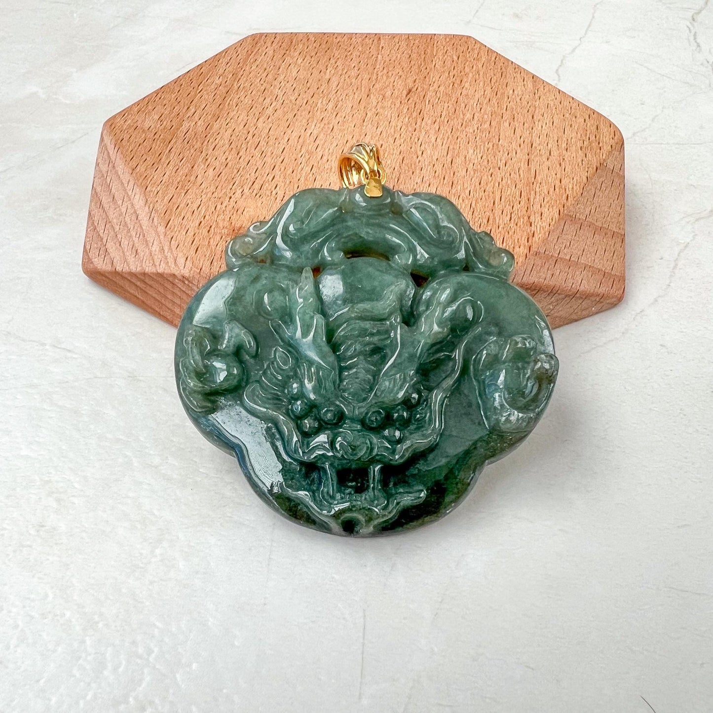 Prosperity Ruyi Dragon Pendant Jade Pendant, Jadeite Jade 如意 Hand Carved Pendant with 18K Gold, YO-0424-1736723308