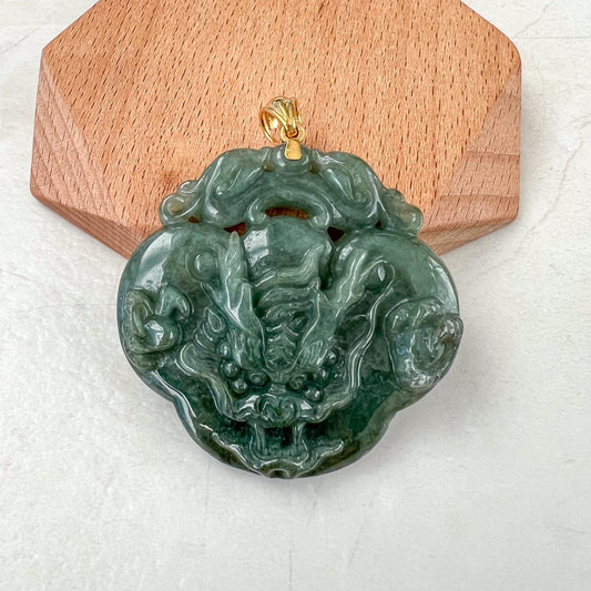 Prosperity Ruyi Dragon Pendant Jade Pendant, Jadeite Jade 如意 Hand Carved Pendant with 18K Gold, YO-0424-1736723308