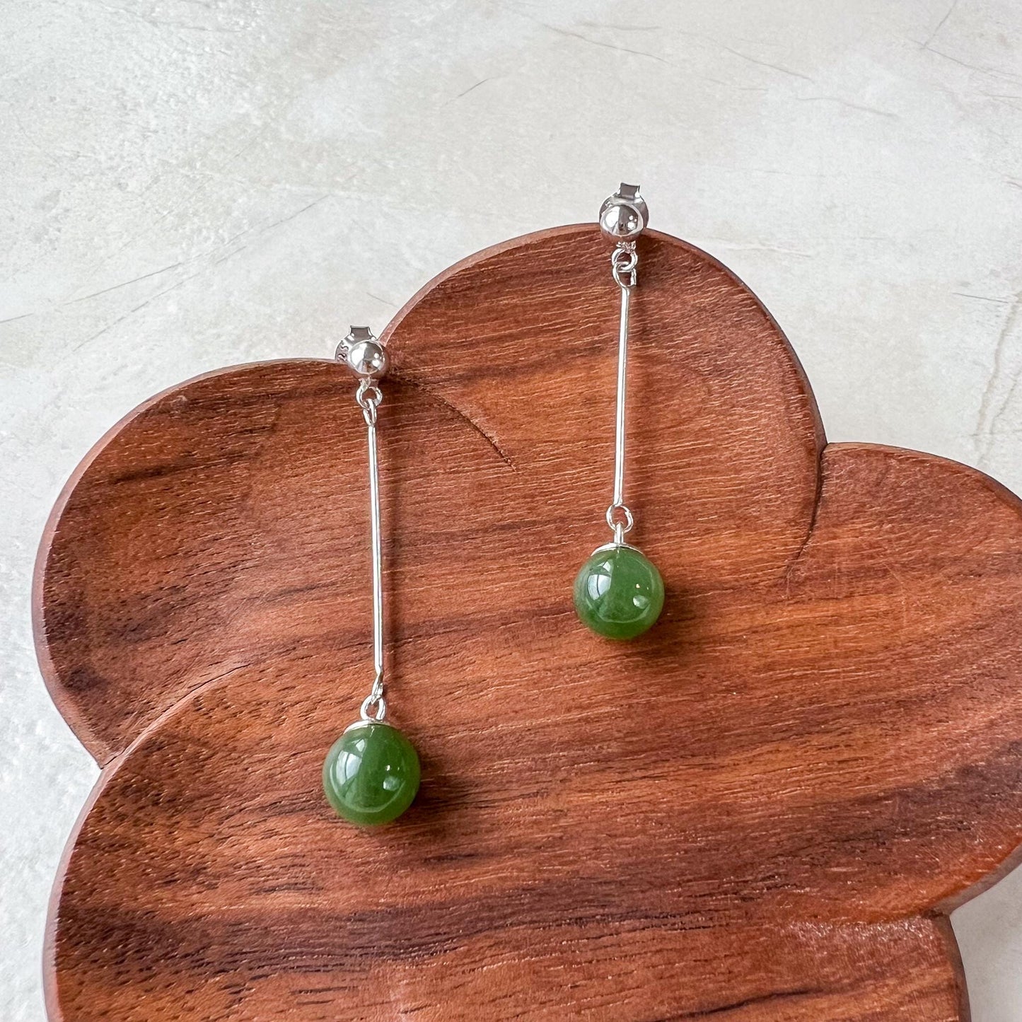 Jade Pendulum Earring Studs, Round Cut, Green Nephrite Jade Sterling Silver Earrings, JSY-0424-12016