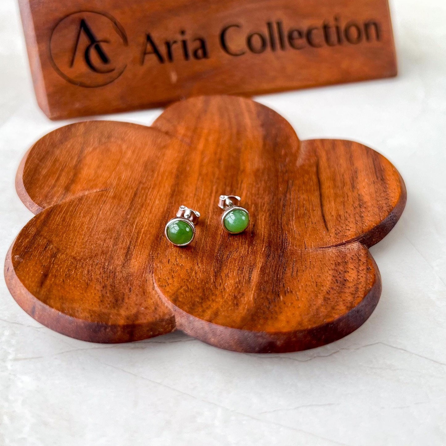 Small Classic Round Jade Earring Studs, Style 2, Green Nephrite Jade Sterling Silver Earrings, JSY-0424-12027