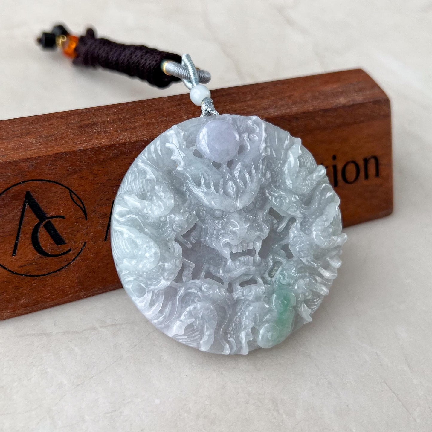 Circle of Nine Dragons Pendant, Light Purple and Green Hand Carved Jadeite Jade Pendant, YGR-0323-1738989968