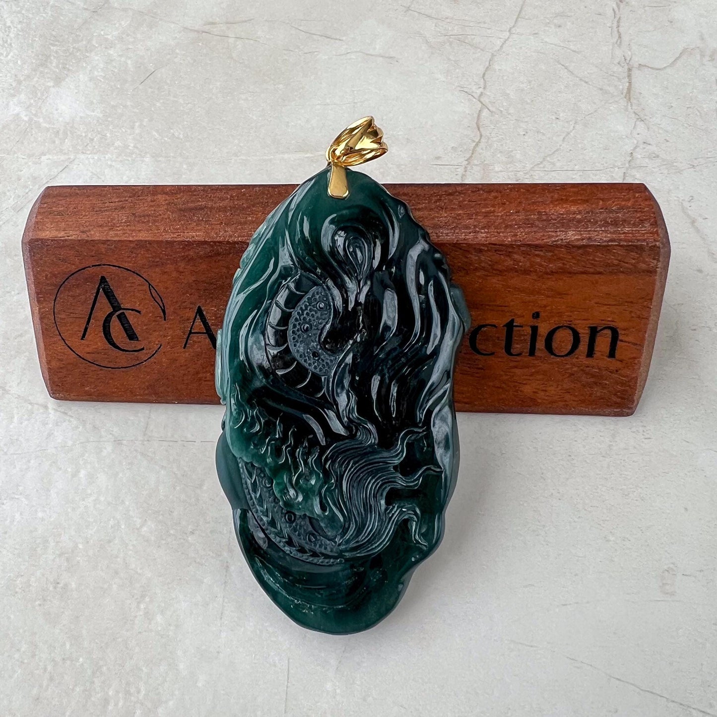 Dragon Spirit Jade Pendant, Large Green Jadeite Jade Dragon Hand Carved Pendant with 18K Gold, KIK-0424-1738991807