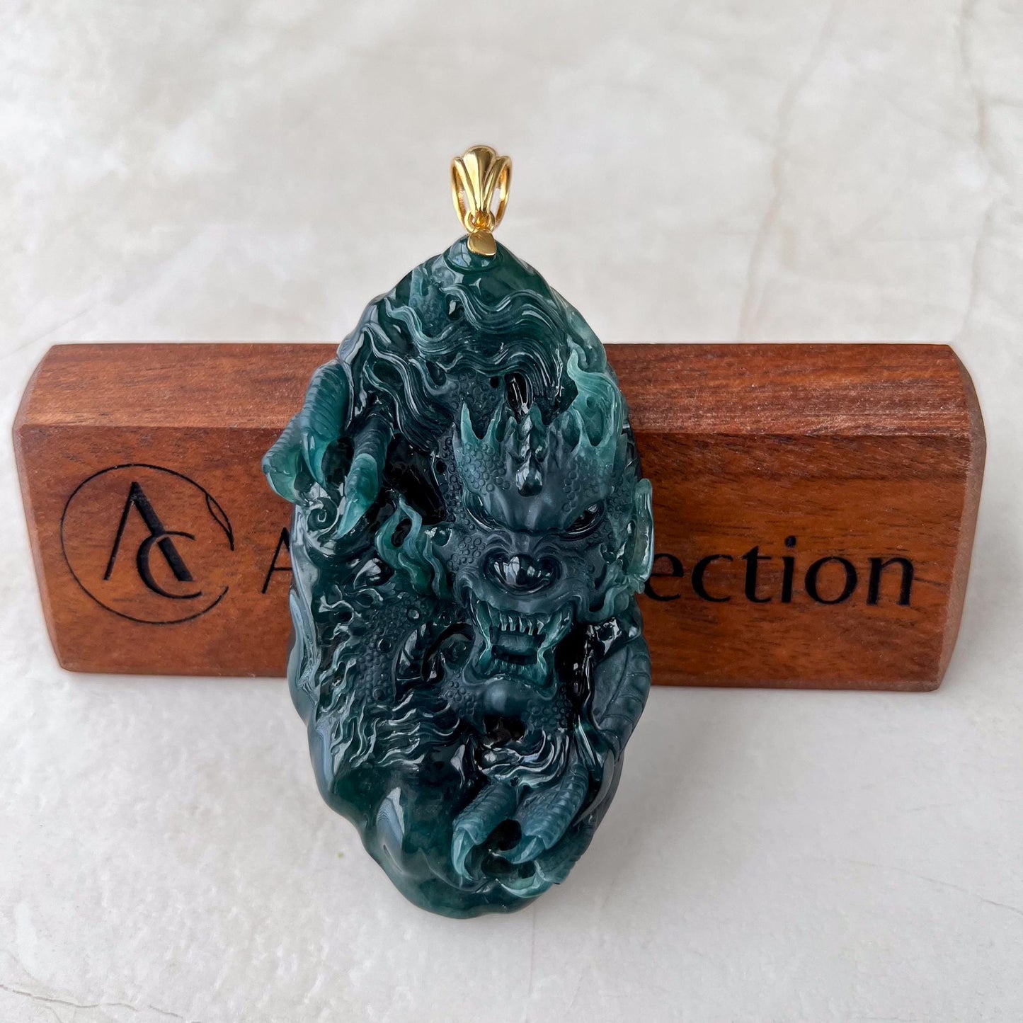 Dragon Spirit Jade Pendant, Large Green Jadeite Jade Dragon Hand Carved Pendant with 18K Gold, KIK-0424-1738991807