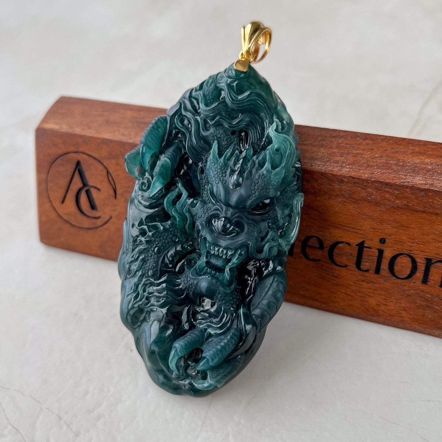 Dragon Spirit Jade Pendant, Large Green Jadeite Jade Dragon Hand Carved Pendant with 18K Gold, KIK-0424-1738991807