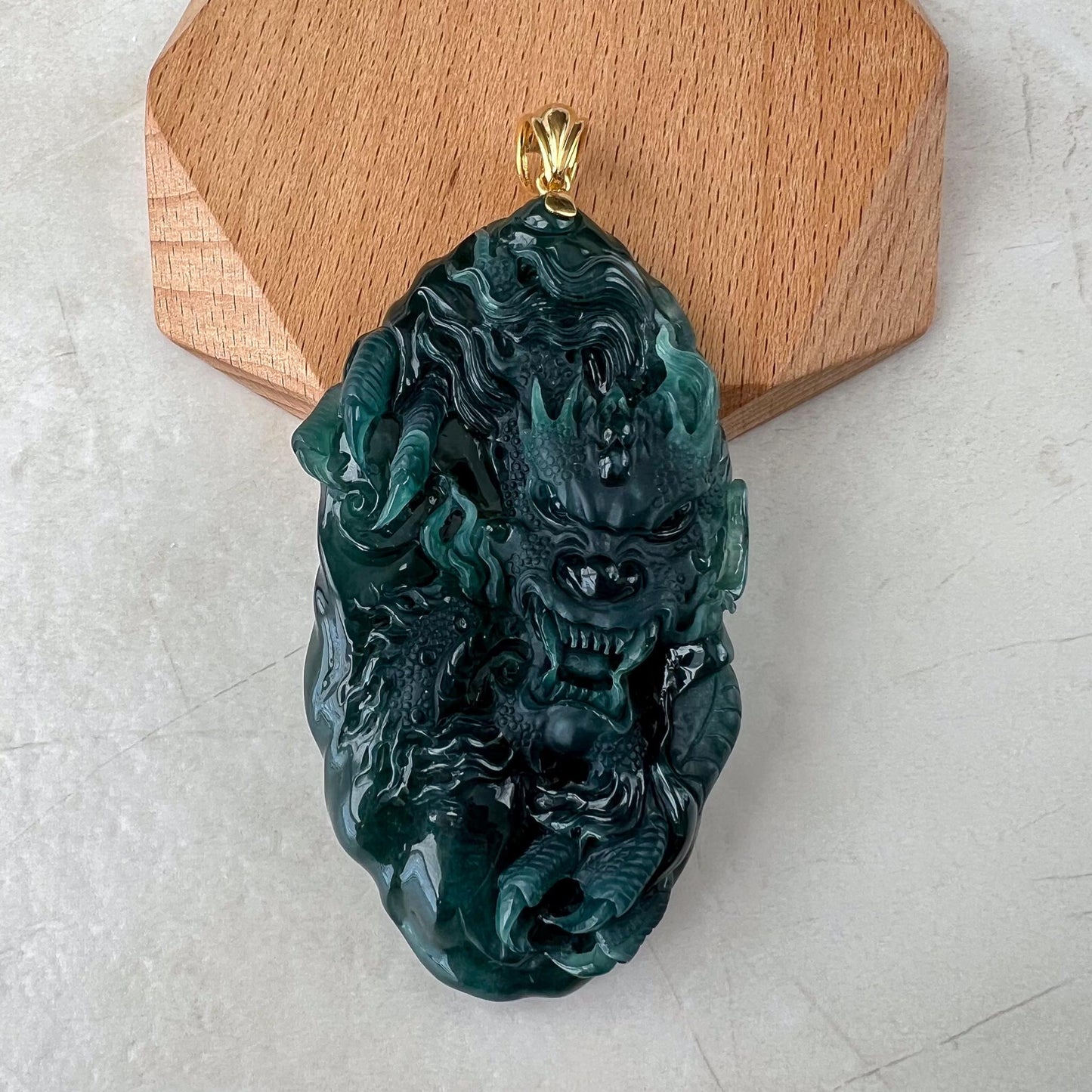 Dragon Spirit Jade Pendant, Large Green Jadeite Jade Dragon Hand Carved Pendant with 18K Gold, KIK-0424-1738991807