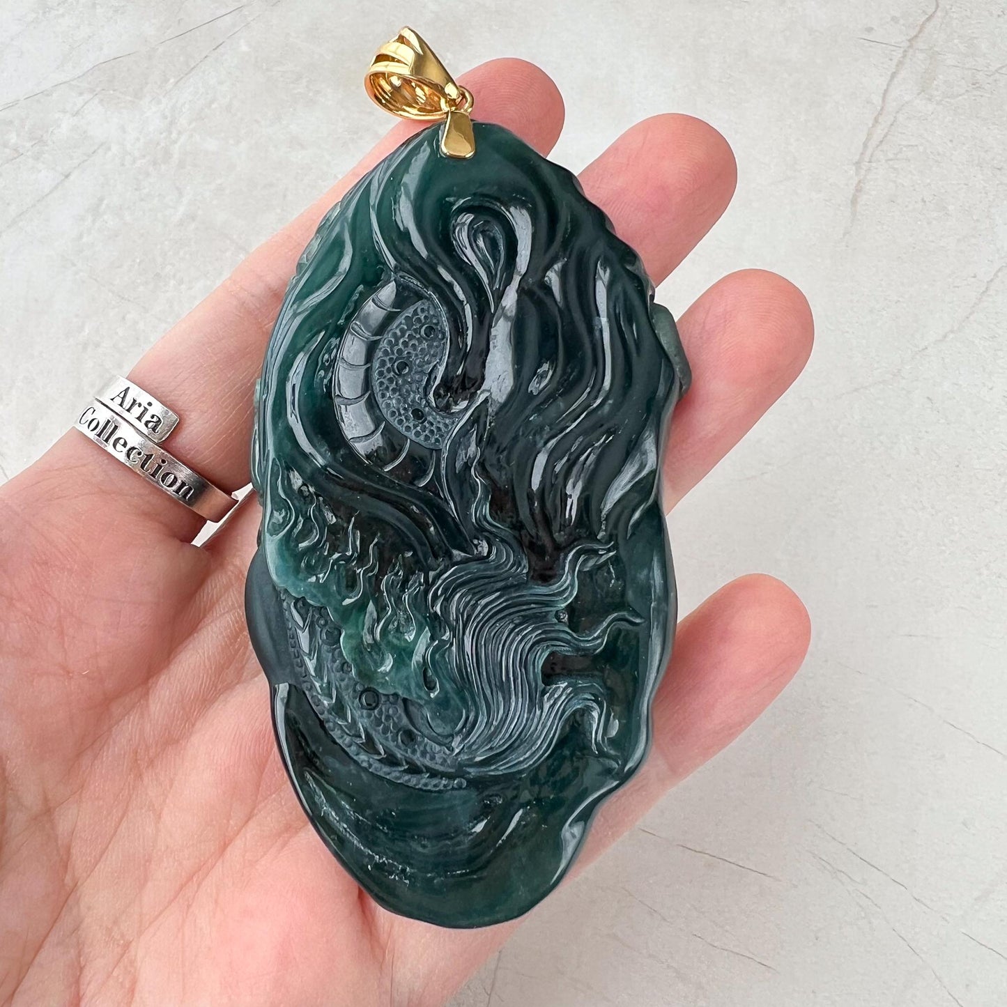 Dragon Spirit Jade Pendant, Large Green Jadeite Jade Dragon Hand Carved Pendant with 18K Gold, KIK-0424-1738991807