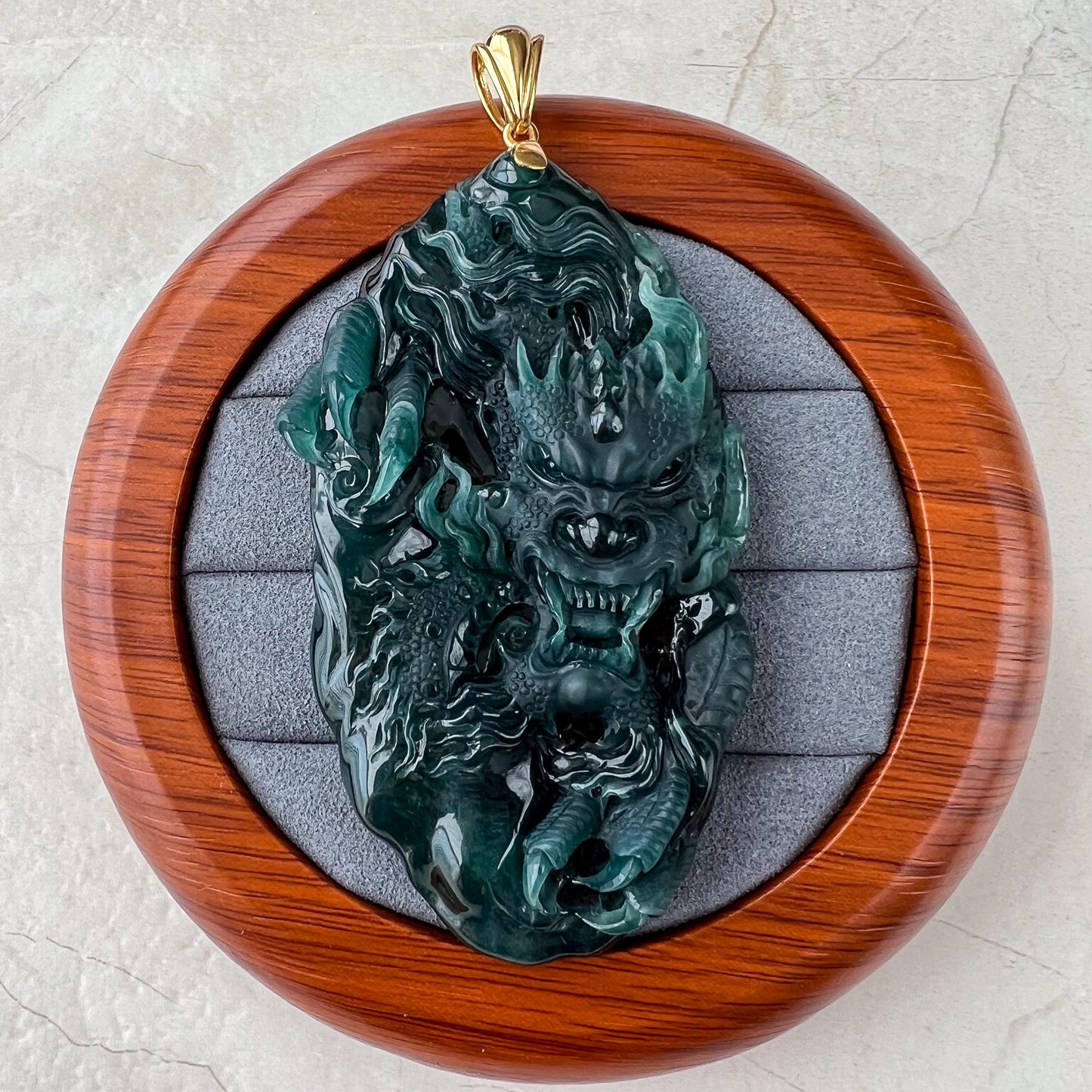 Dragon Spirit Jade Pendant, Large Green Jadeite Jade Dragon Hand Carved Pendant with 18K Gold, KIK-0424-1738991807