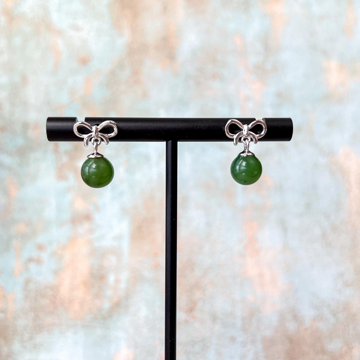 Ribbon Green Jade Earring Studs, Green Nephrite Jade Sterling Silver Earrings, JSY-0424-12017