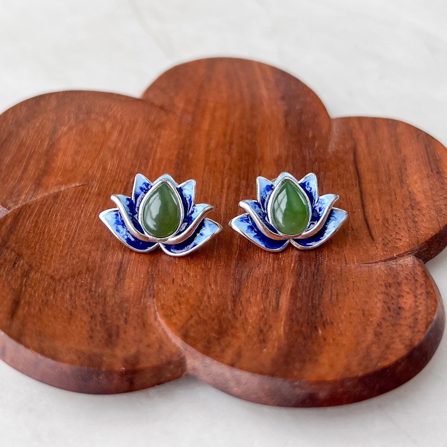 Azure Lotus Jade Earring Studs, Green Nephrite Jade Sterling Silver Earrings with Enameling, JSY-0424-12291