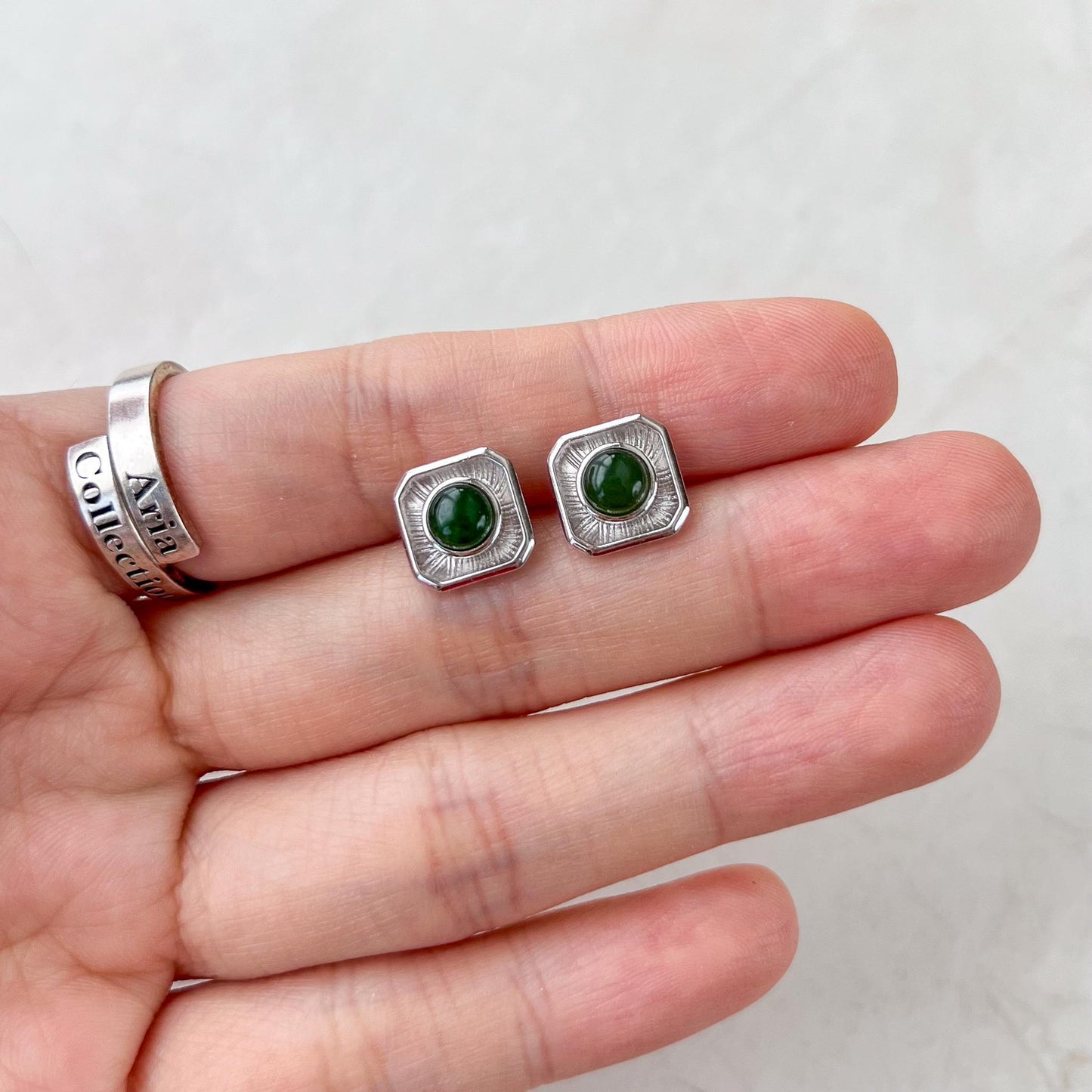 Square Framed Jade Earring Studs, Green Nephrite Jade Sterling Silver Earrings, JSY-0424-12302