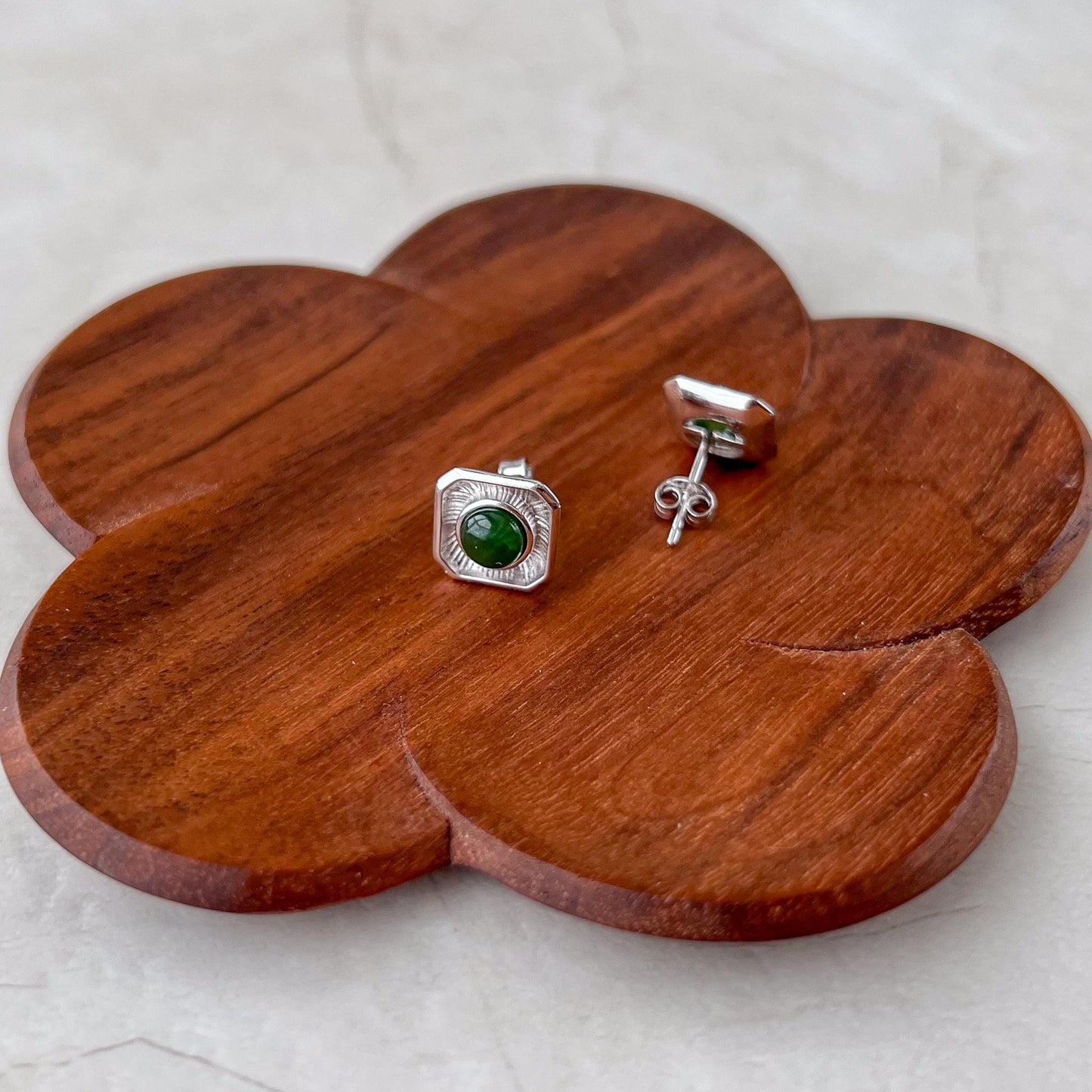 Square Framed Jade Earring Studs, Green Nephrite Jade Sterling Silver Earrings, JSY-0424-12302