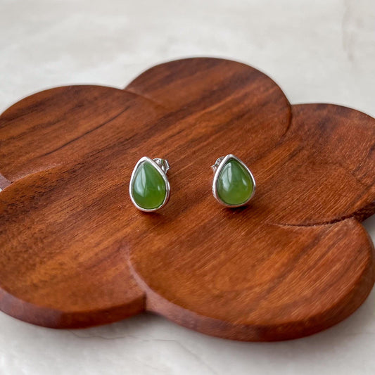 Pear Shape Jade Earring Studs, Style 1, Green Nephrite Jade Sterling Silver Earrings, JSY-0424-12281