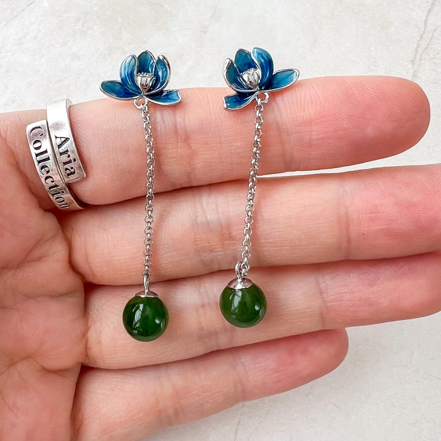 Azure Lotus Jade Earring Drop Studs, Green Nephrite Jade Sterling Silver Earring Studs, JSY-0424-12301