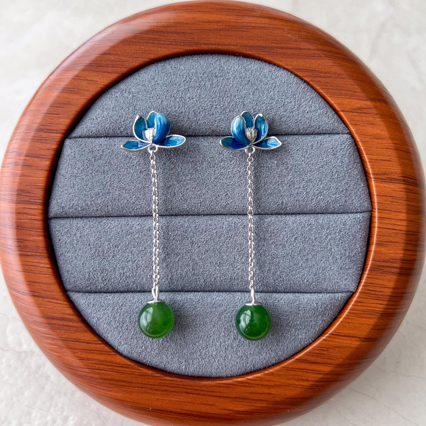 Azure Lotus Jade Earring Drop Studs, Green Nephrite Jade Sterling Silver Earring Studs, JSY-0424-12301