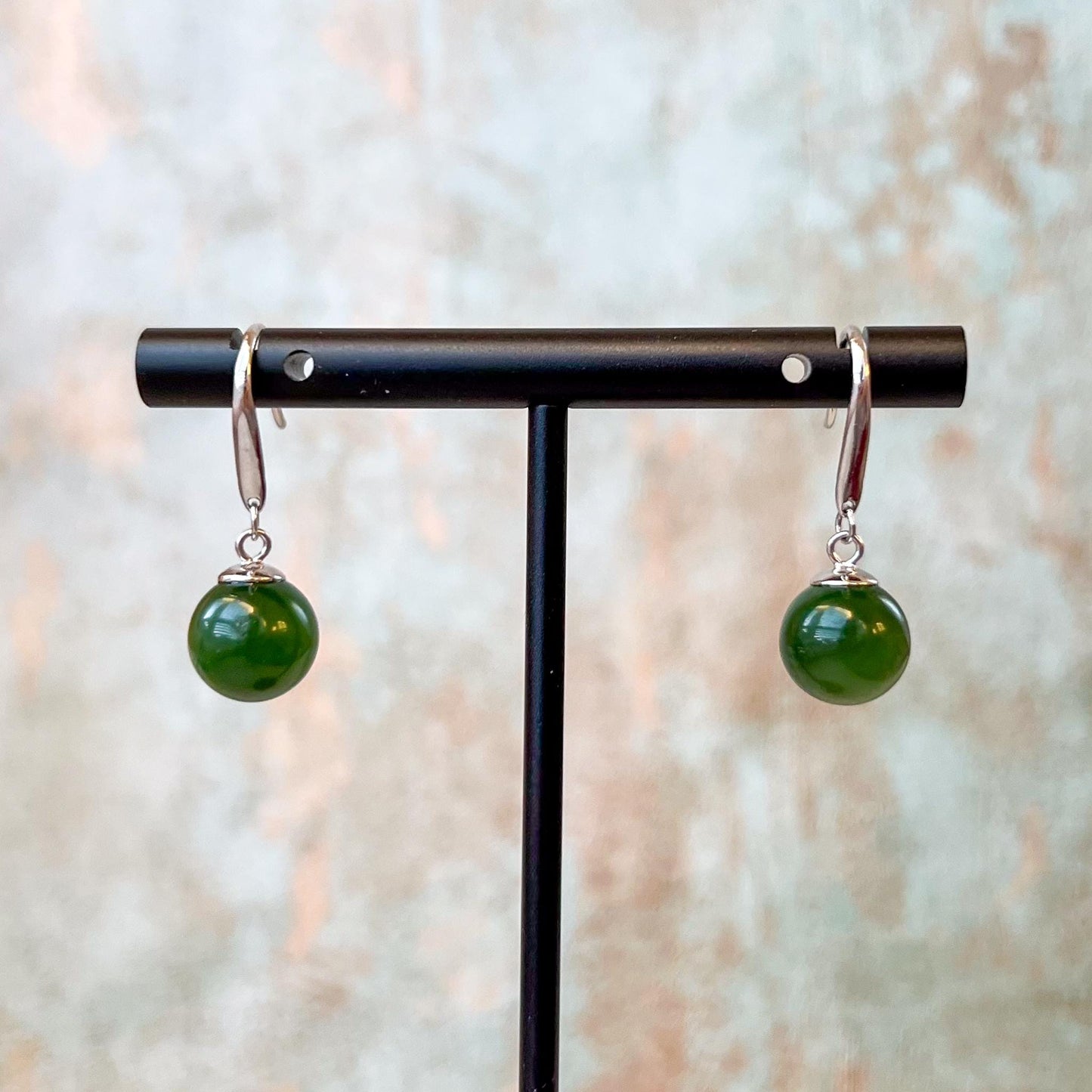 Classic Jade Orbs Earring, Style 1, Green Nephrite Jade Sterling Silver Earrings, JSY-0424-12024