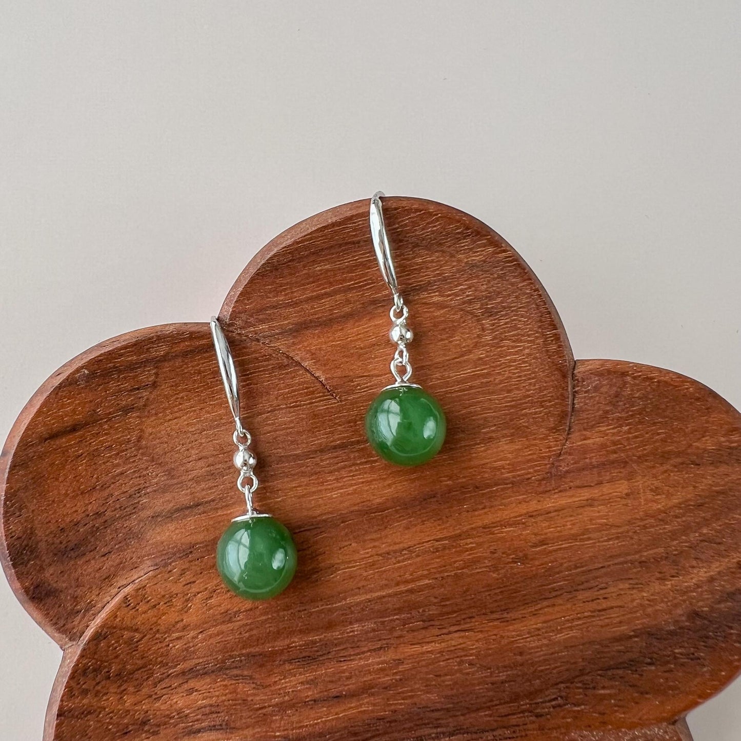 Classic Jade Orbs Earring, Style 2, Green Nephrite Jade Sterling Silver Earrings, JSY-0424-12029