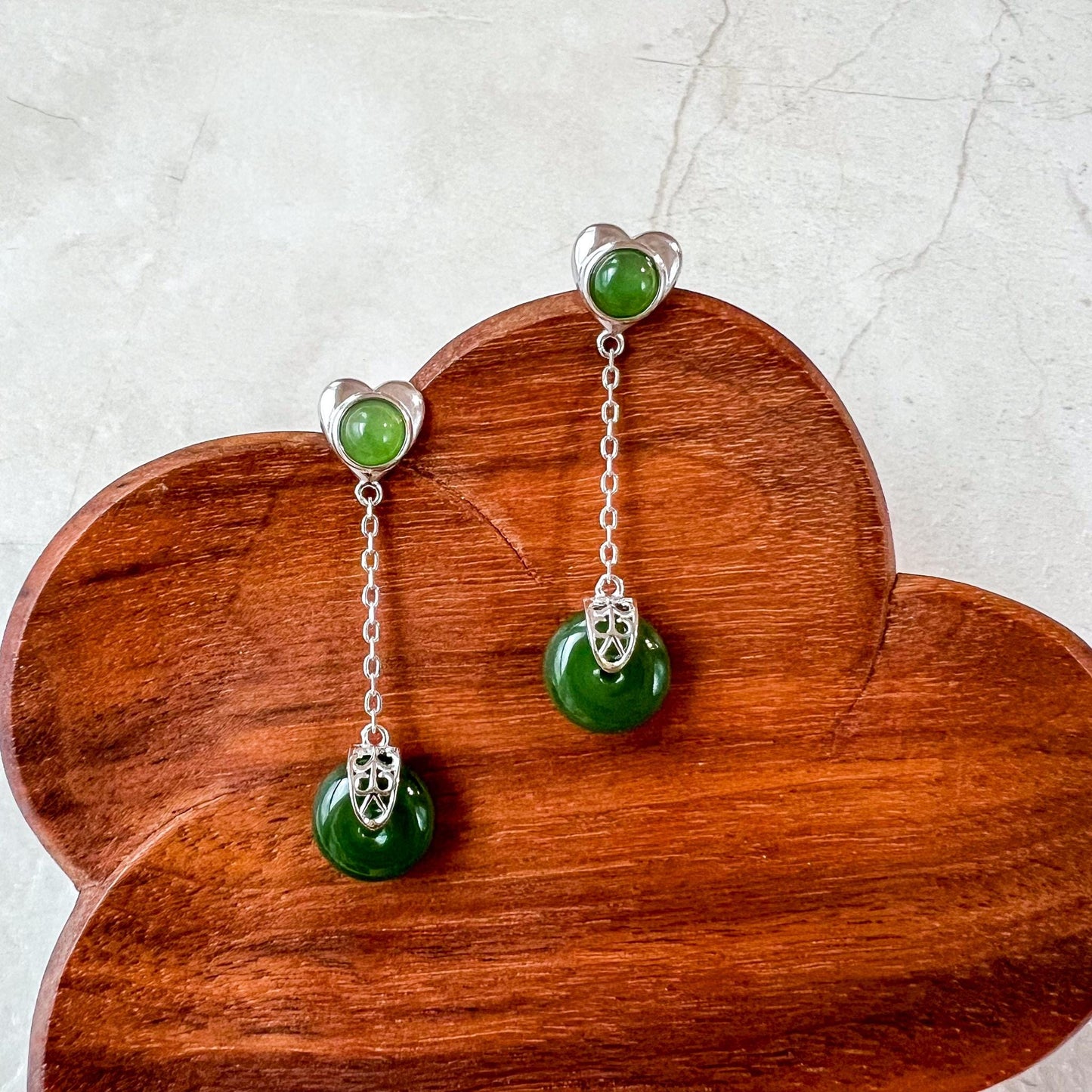 Hearts of Harmony Jade Earring Studs, Green Nephrite Jade Sterling Silver Earrings, JSY-0424-12026