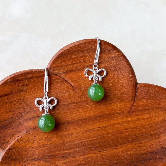 Ribbon Green Jade Earring, Green Nephrite Jade Sterling Silver Earrings, JSY-0424-12025