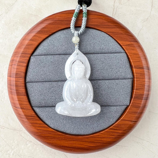 Pure Light Amitabha Buddha Jade Pendant, Jadeite Jade Amitabha Buddha, Amita Amida White Carved Pendant Necklace, WMC-0223-0002962