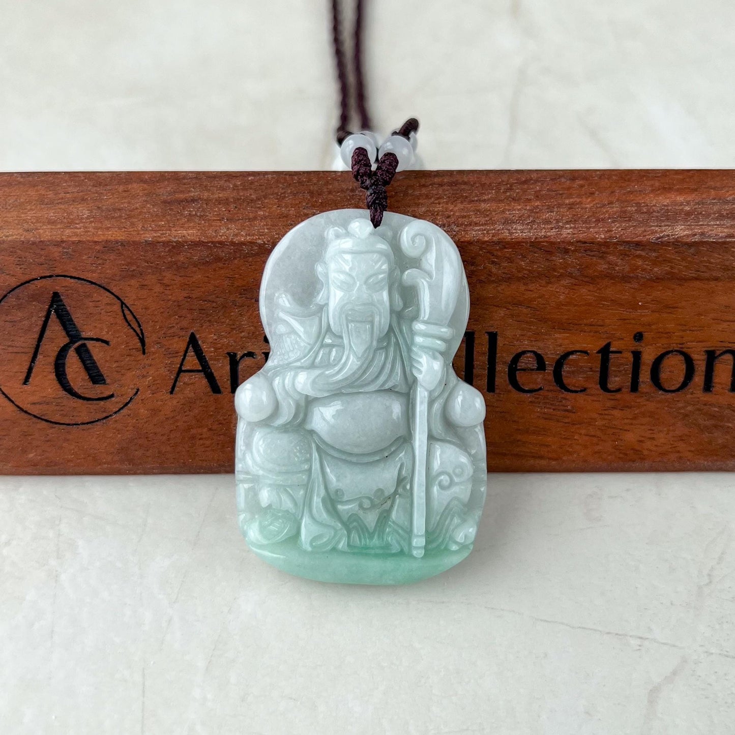 Guan Gong God of War Jade Pendant, Guan Yu, 关公, Light Green Jadeite Carved Pendant Necklace, YW-0110-1739642412