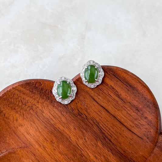 Green Jade Classic Earring Studs, Style 5, Green Nephrite Jade Sterling Silver Earrings, JSY-0424-12297