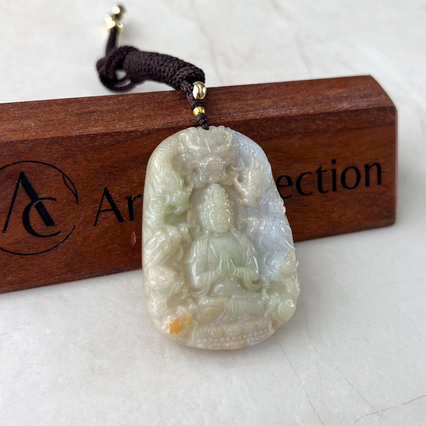 Guan Yin Kwan Yin Protected by Nine 9 Dragons Pendant, Light Yellow Jadeite Jade Carved Pendant, 观音, Avalokitesvara, BCG-0323-0038566