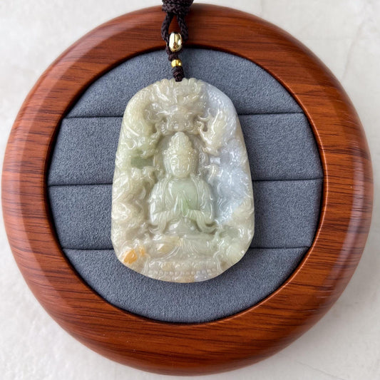 Guan Yin Kwan Yin Protected by Nine 9 Dragons Pendant, Light Yellow Jadeite Jade Carved Pendant, 观音, Avalokitesvara, BCG-0323-0038566