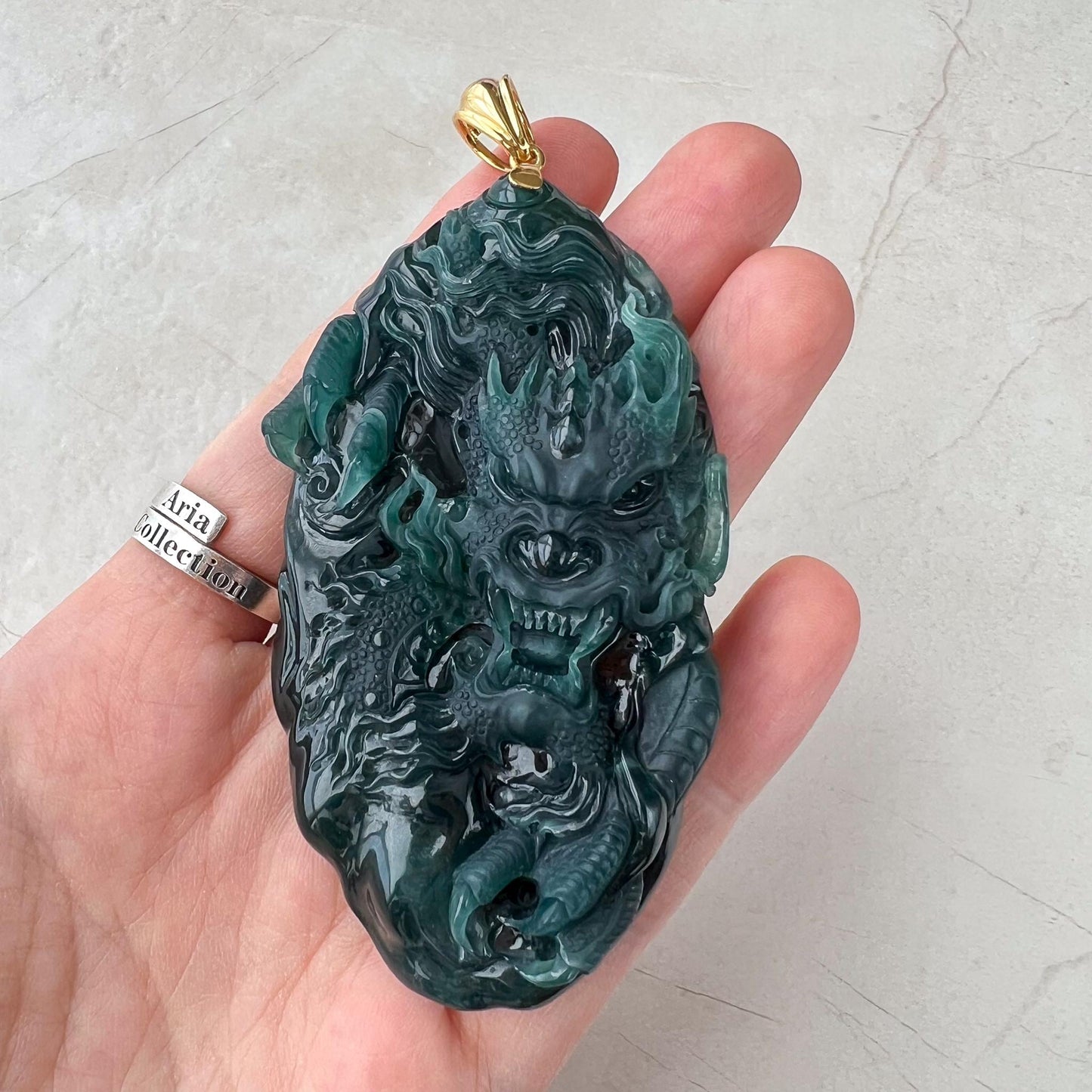 Dragon Spirit Jade Pendant, Large Green Jadeite Jade Dragon Hand Carved Pendant with 18K Gold, KIK-0424-1738991807