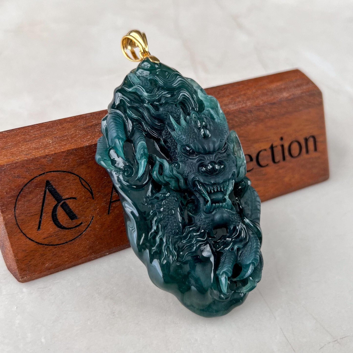 Dragon Spirit Jade Pendant, Large Green Jadeite Jade Dragon Hand Carved Pendant with 18K Gold, KIK-0424-1738991807