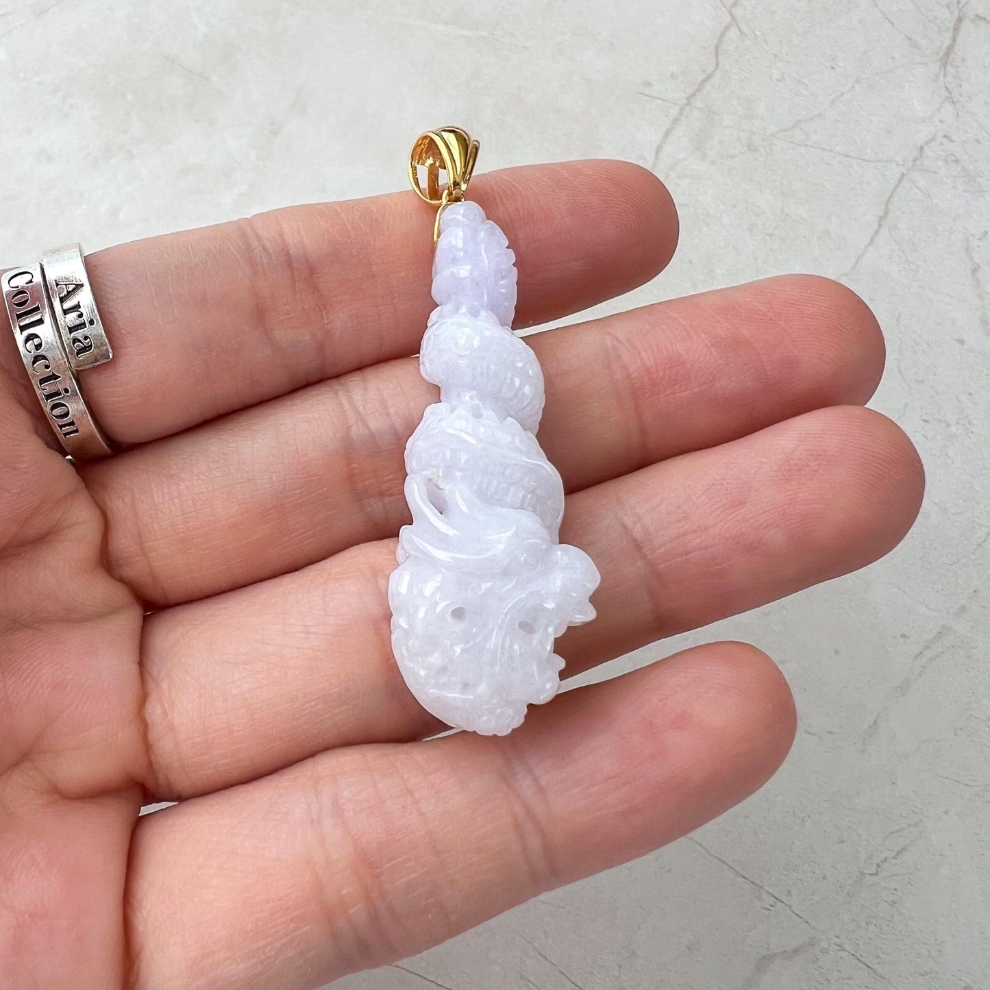 Dragon's Embrace Pendant with 18K Gold, Style 5, Light Purple Jadeite Jade Dragon Hand Carved Pendant, ROS-0424-1739138970