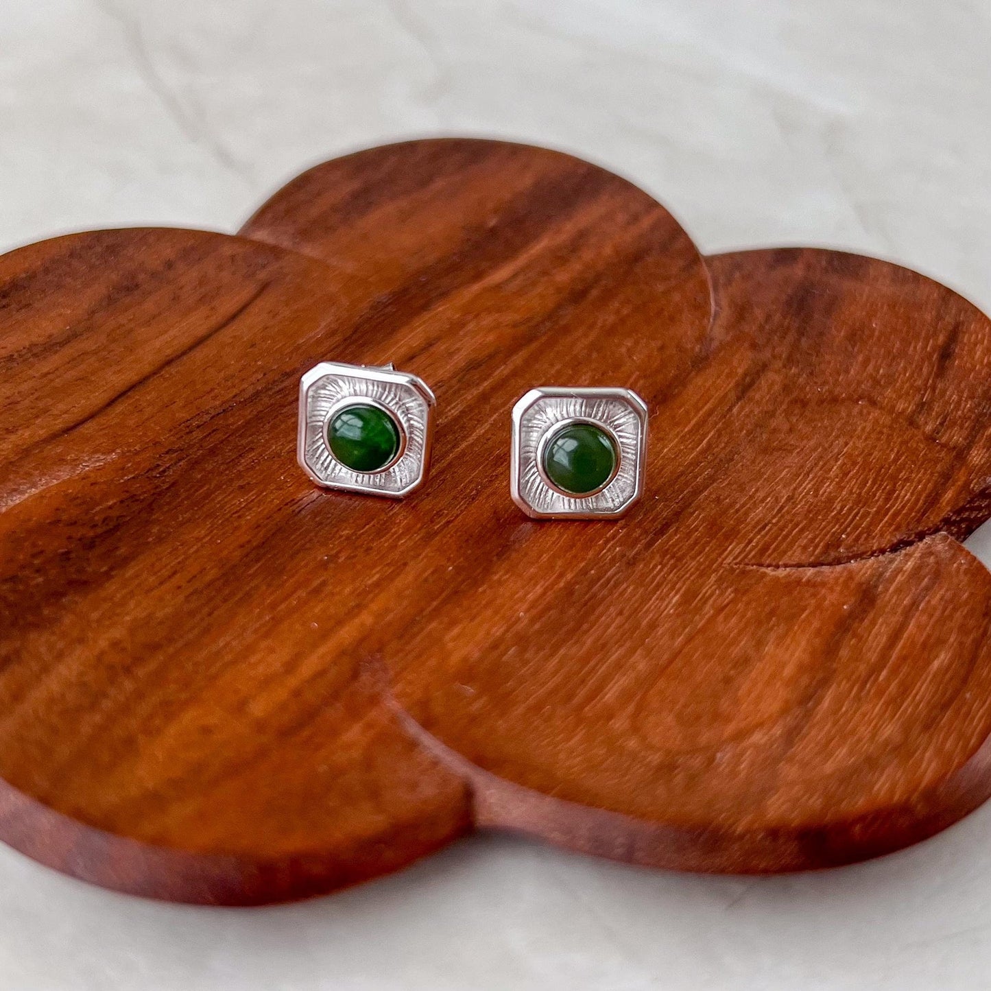 Square Framed Jade Earring Studs, Green Nephrite Jade Sterling Silver Earrings, JSY-0424-12302