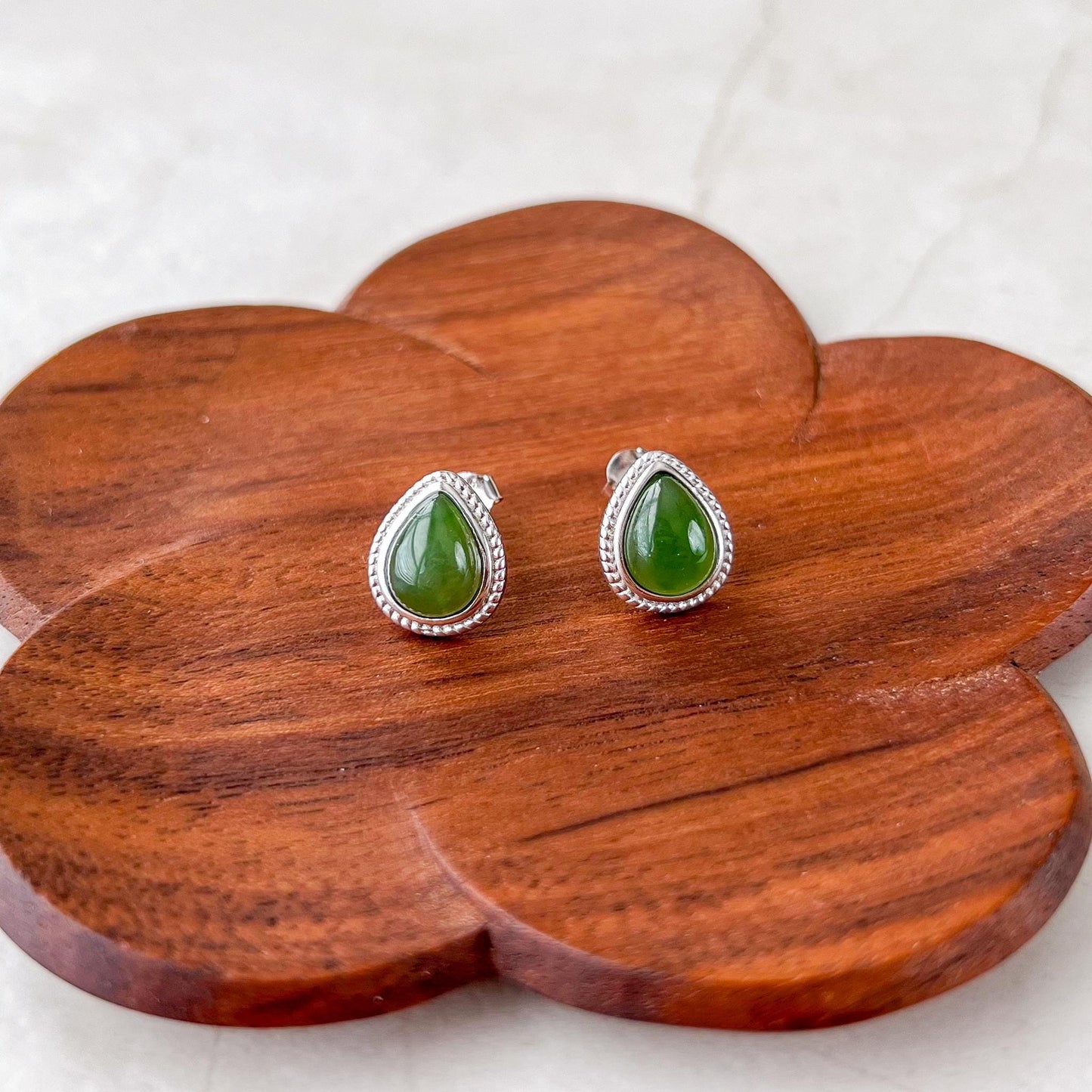 Pear Shape Jade Earring Studs, Style 2, Green Nephrite Jade Sterling Silver Earrings, JSY-0424-12282