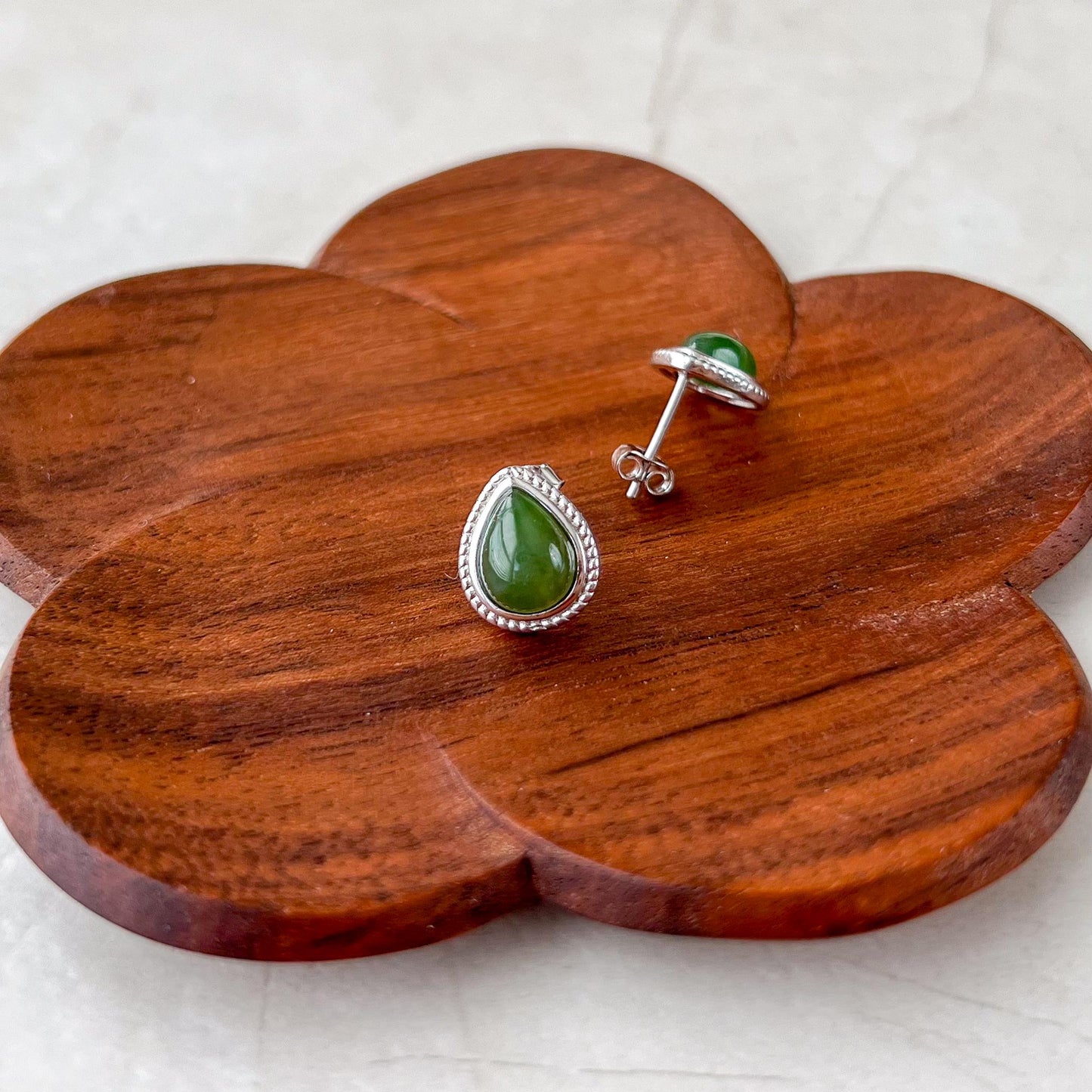 Pear Shape Jade Earring Studs, Style 2, Green Nephrite Jade Sterling Silver Earrings, JSY-0424-12282