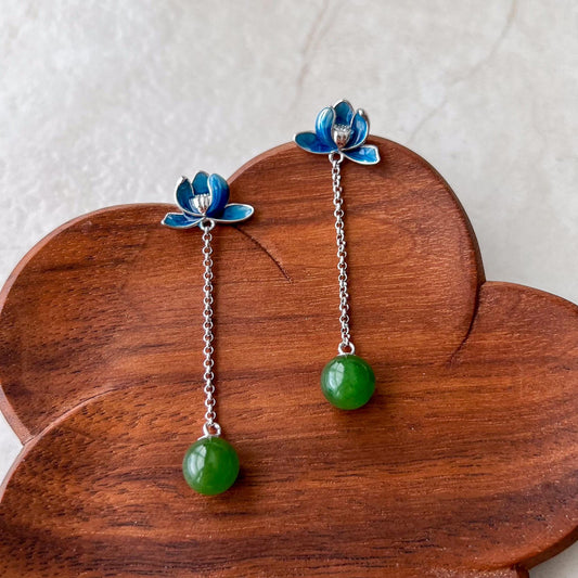 Azure Lotus Jade Earring Drop Studs, Green Nephrite Jade Sterling Silver Earring Studs, JSY-0424-12301