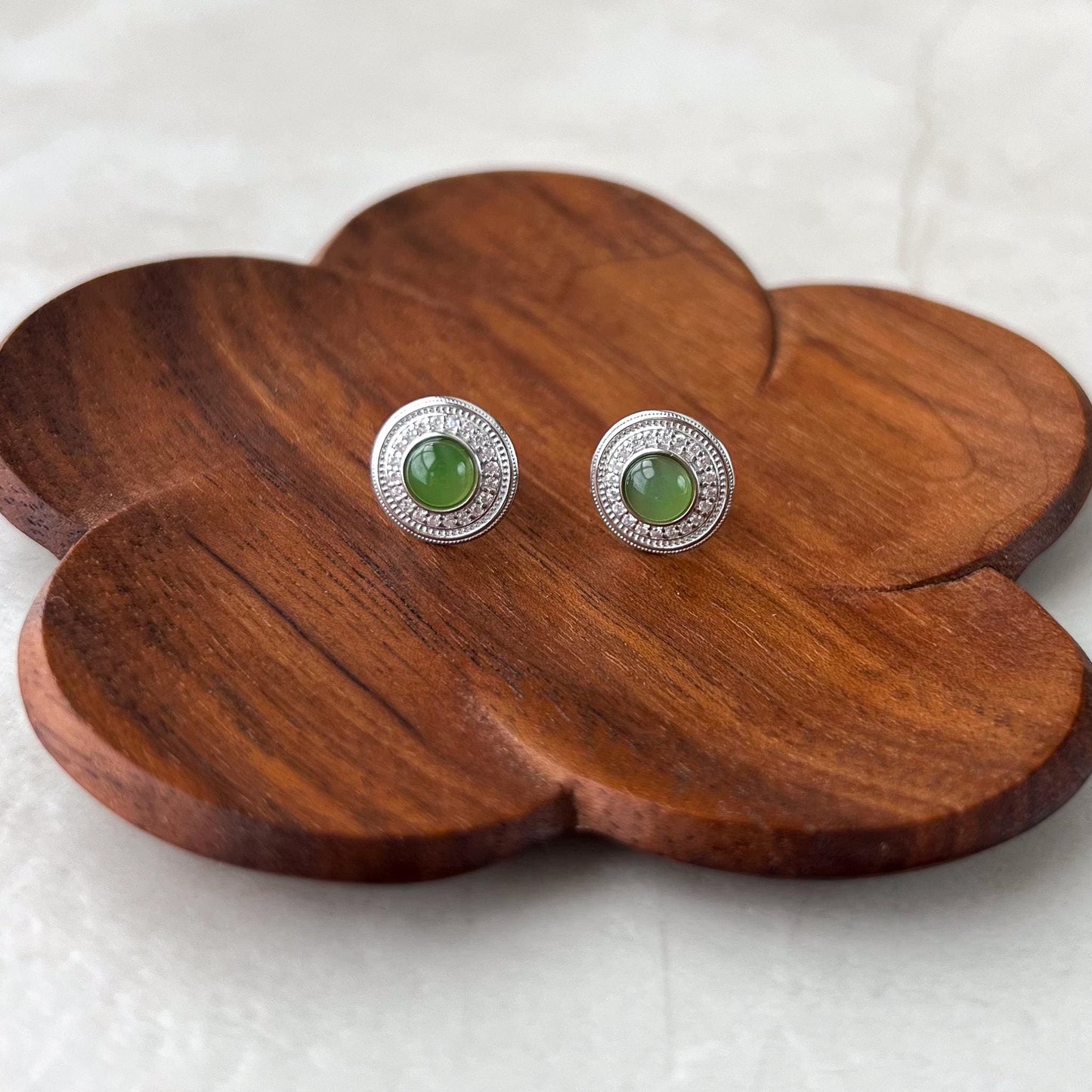 Sunlit Jade Earring Studs, Green Nephrite Jade Sterling Silver Earrings, JSY-0424-12293