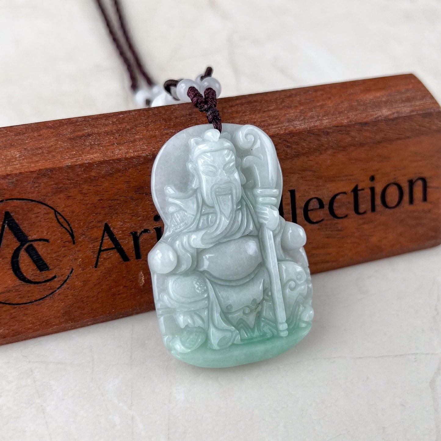 Guan Gong God of War Jade Pendant, Guan Yu, 关公, Light Green Jadeite Carved Pendant Necklace, YW-0110-1739642412