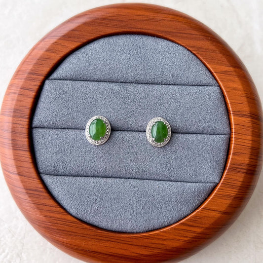 Green Jade Classic Earring Studs, Style 3, Green Nephrite Jade Sterling Silver Earrings, JSY-0424-12300