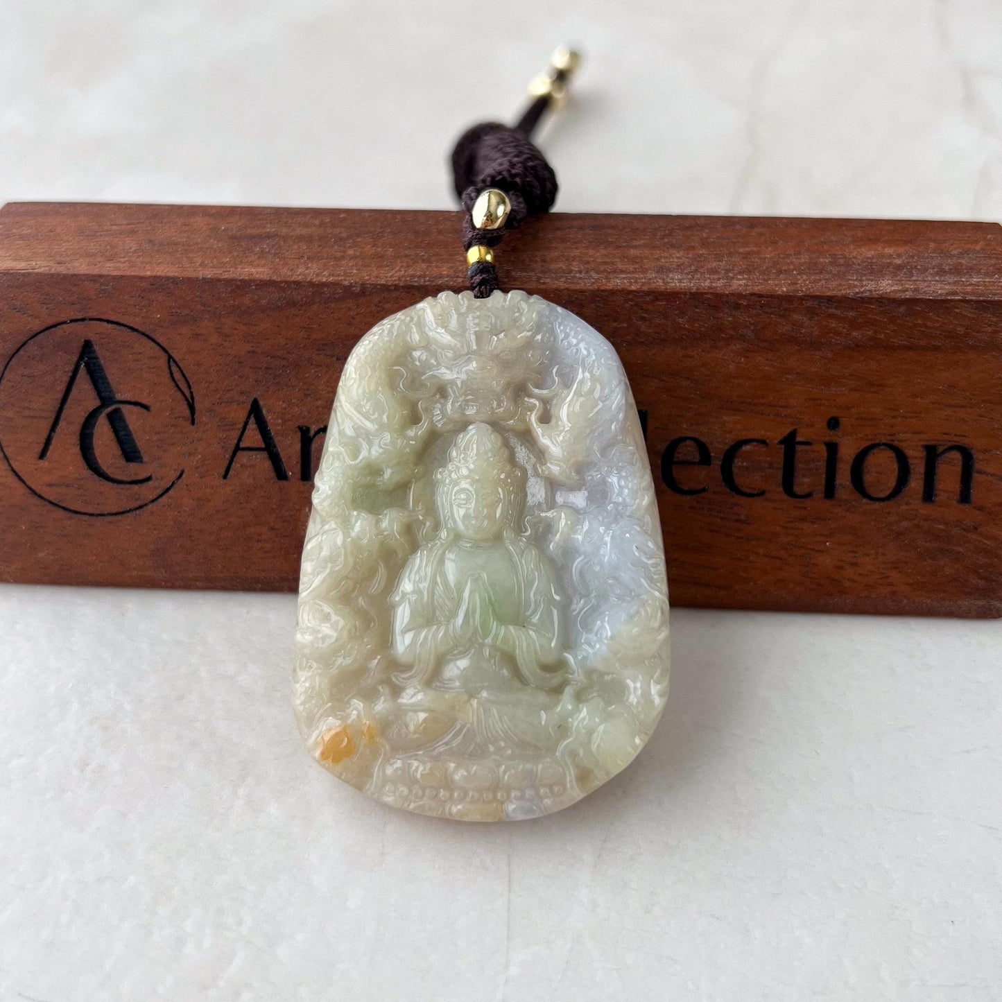 Guan Yin Kwan Yin Protected by Nine 9 Dragons Pendant, Light Yellow Jadeite Jade Carved Pendant, 观音, Avalokitesvara, BCG-0323-0038566