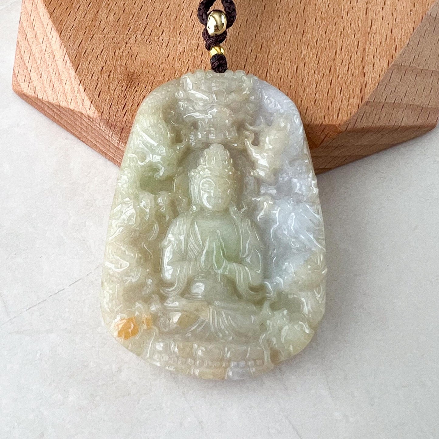 Guan Yin Kwan Yin Protected by Nine 9 Dragons Pendant, Light Yellow Jadeite Jade Carved Pendant, 观音, Avalokitesvara, BCG-0323-0038566